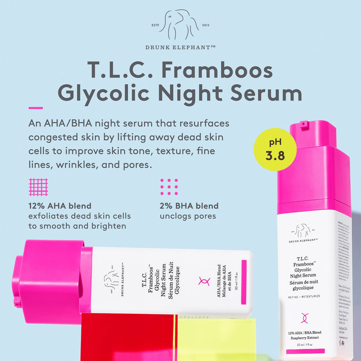 Drunk Elephant T.L.C. Framboos Glycolic Night Serum – AHA/BHA Exfoliating Serum