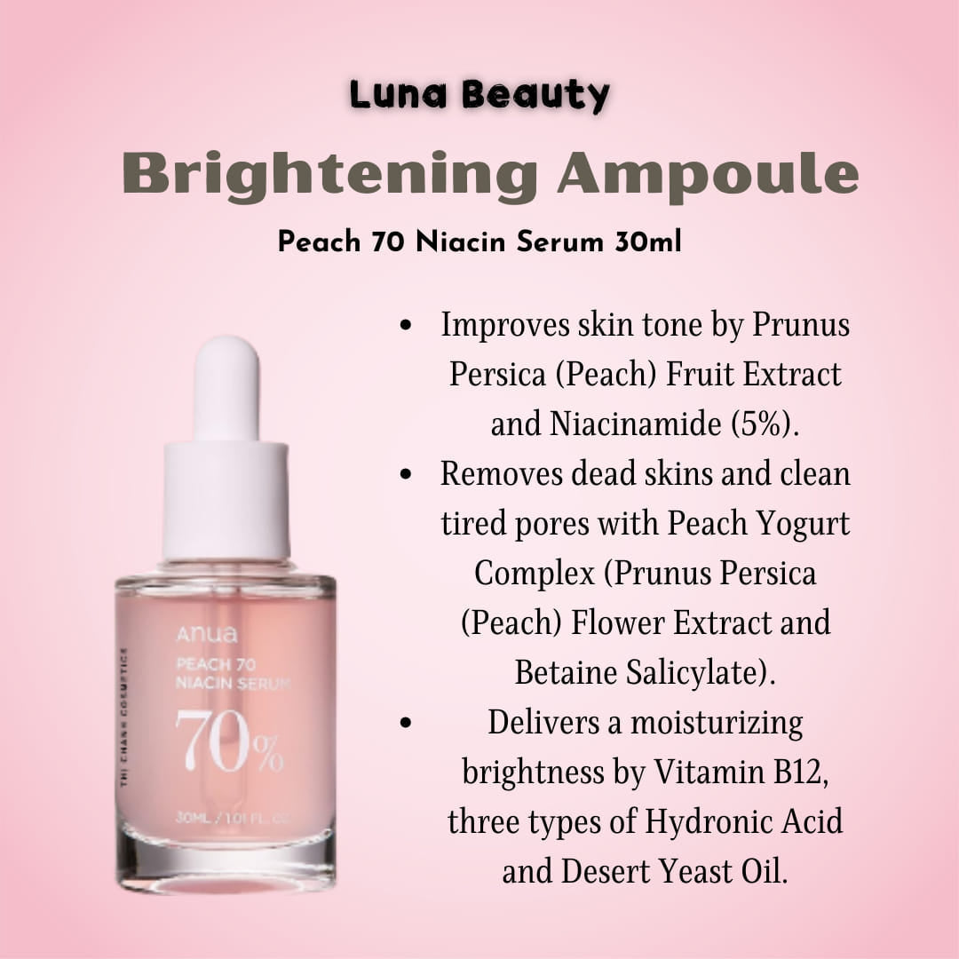Anua Peach 70% Niacinamide Serum key ingredients niacinamide and alpha-arbutin