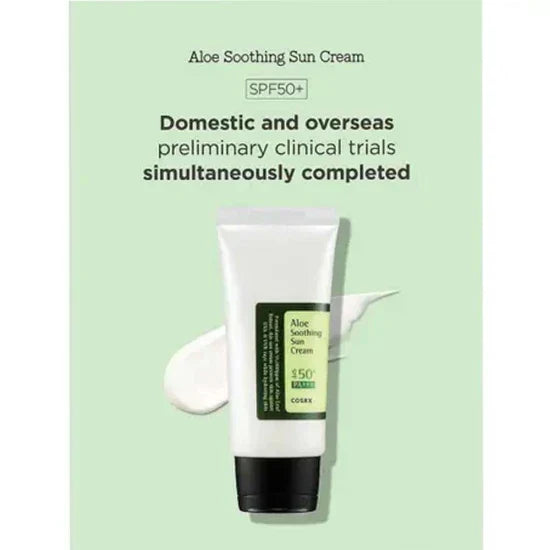 COSRX Aloe Soothing Sun Cream SPF 50 lightweight texture with no white cast