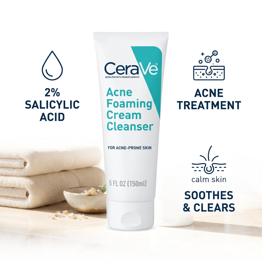CeraVe Acne Foaming Cream Cleanser 150ml – 4% Benzoyl Peroxide Face Wash for Acne