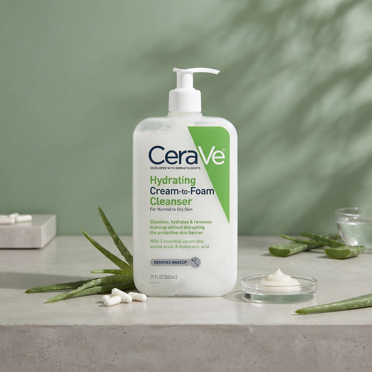 CeraVe Hydrating Cream-to-Foam Cleanser (Full Size) – Makeup-Removing Face Wash for Normal to Dry Skin