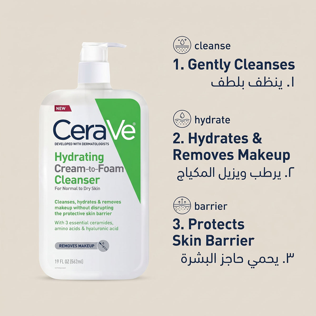 CeraVe Hydrating Cream-to-Foam Cleanser (Full Size) – Makeup-Removing Face Wash for Normal to Dry Skin